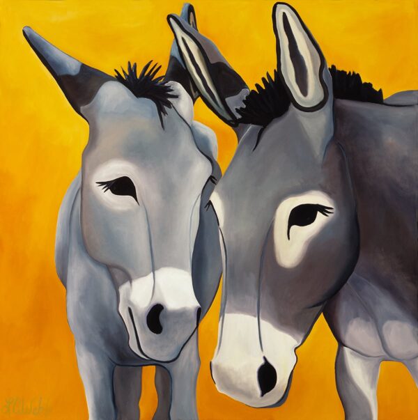 Two donkeys with their heads together.