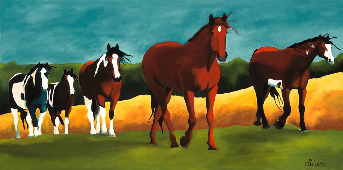 Four horses following a horse.