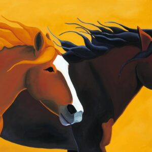 Two horses running together.