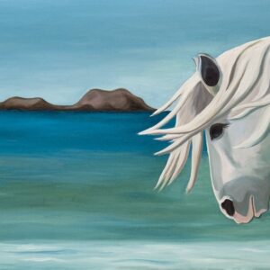 Panoramic photo of Sam, a horse, standing on a beach with the ocean and islands in the background