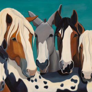 Three adult horses, one foal, and one donkey, standing together