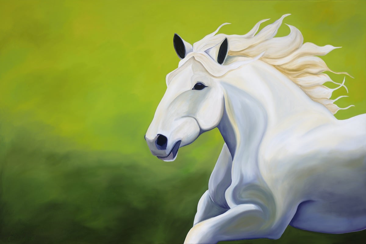 A white horse running.