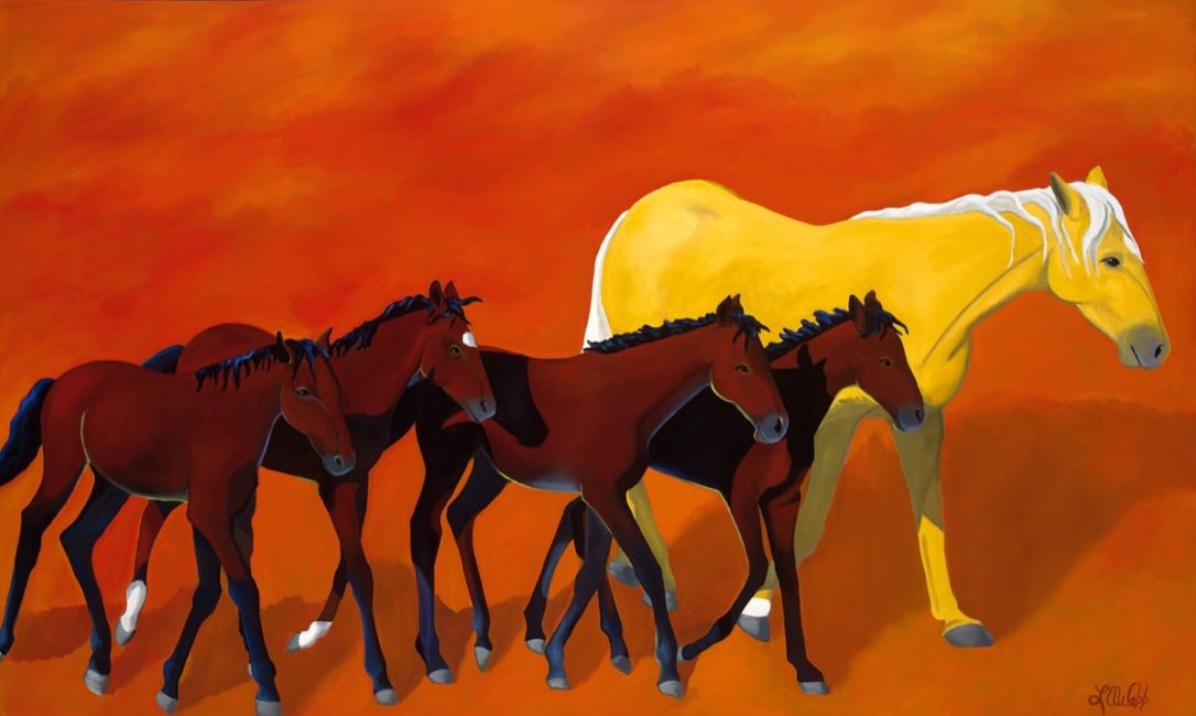 Five horses walking together.