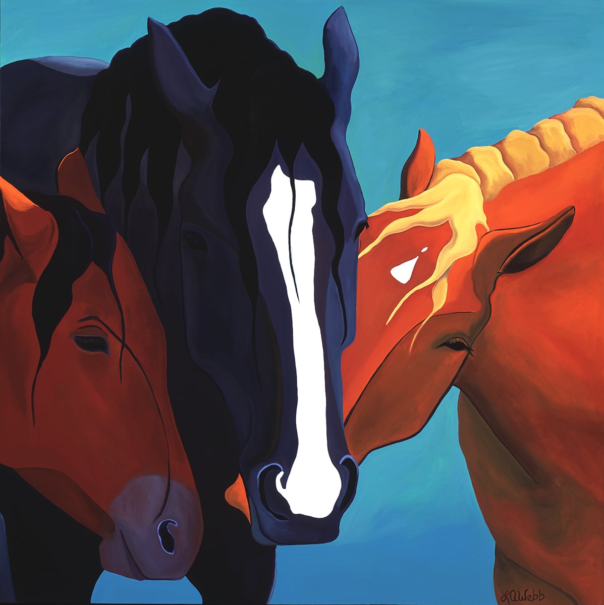 Three horses with heads together