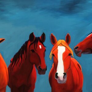 Four horses lined up in a row. They look like they're talking to each other.
