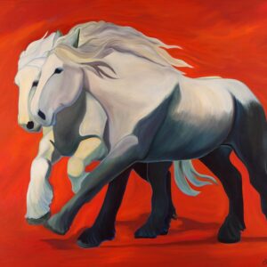 Two large horses racing each other