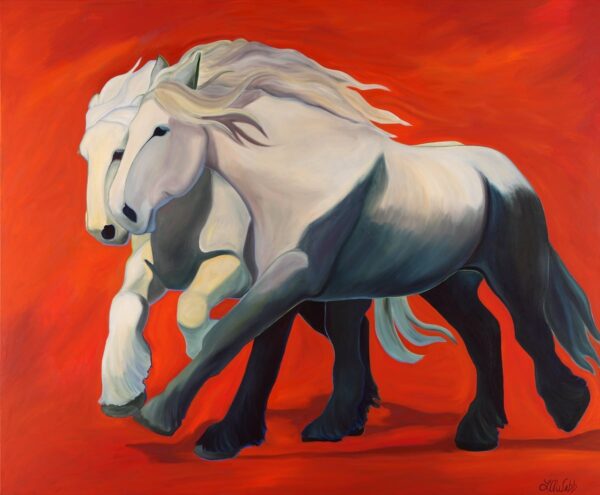 Two large horses racing each other