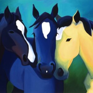 Five horses standing together.