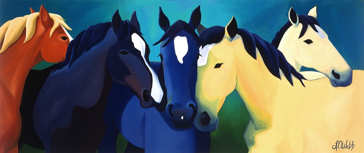 Five horses standing together.