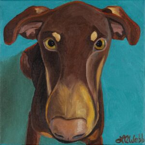 A close-up of a dog's face. The dog is lying on the floor looking up at you.